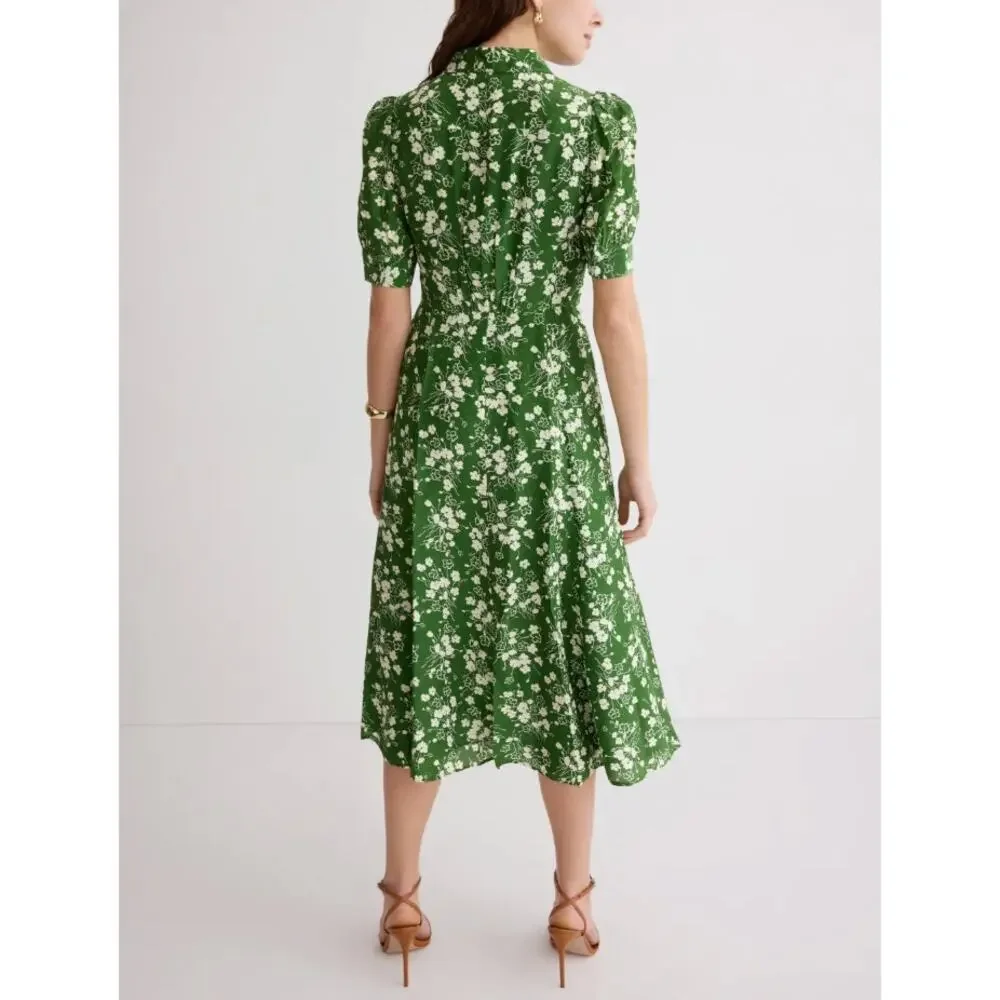 L.K. Bennett Green Floral Midi Shirt Dress SIZE 6 Silk Retro Work Designer $675 - Picture 4 of 13